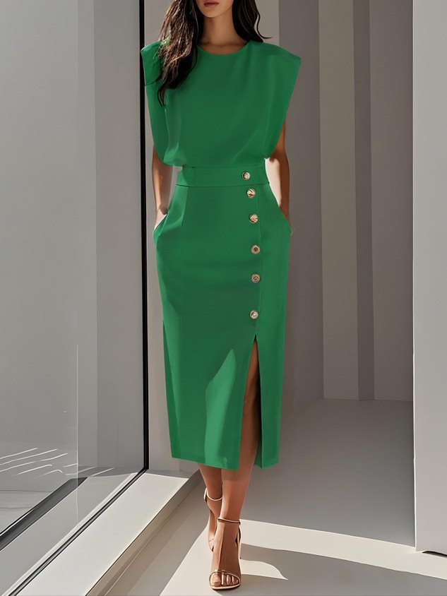 Emerald green sleeveless midi dress with front buttons and side slit, styled with heels near window